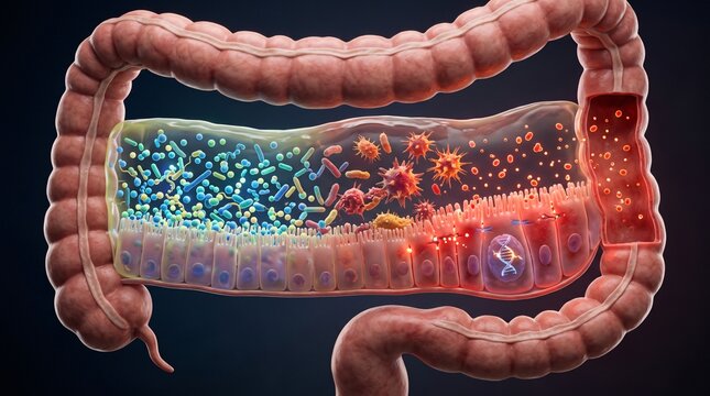 Colon microbiome and intestinal barrier showing beneficial bacteria, harmful microbes, epithelial cells and inflammation in gut health