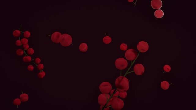 Red berries on dark maroon background with branches of ripe cranberries falling in moody low light. 3d rendering