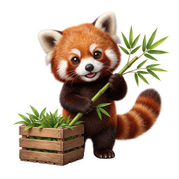 Red panda holding a fresh bamboo stalk stands beside a small wooden crate filled with green leaves to illustrate a wildlife conservation theme.