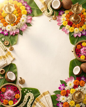 Onam, Pongal premium Kerala harvest festival invitation banner flyer poster with brass lamps, Uruli bowl, Kasavu fabric, fresh flowers, temple accessories and copy space illustration