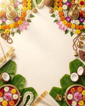Onam, Pongal luxury Kerala heritage festival background with traditional brass Nilavilakku, banana leaves, coconut, jasmine garlands, floral Pookalam and copy space illustration