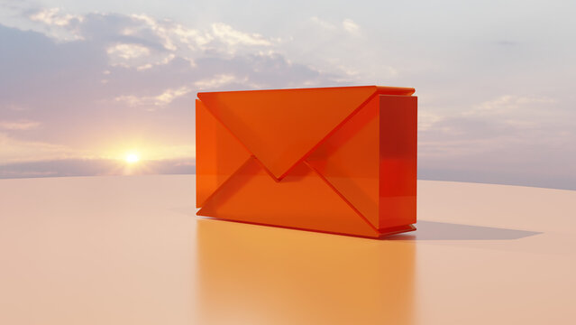 Orange 3D Email Envelope Icon Outdoor at Sunset Background