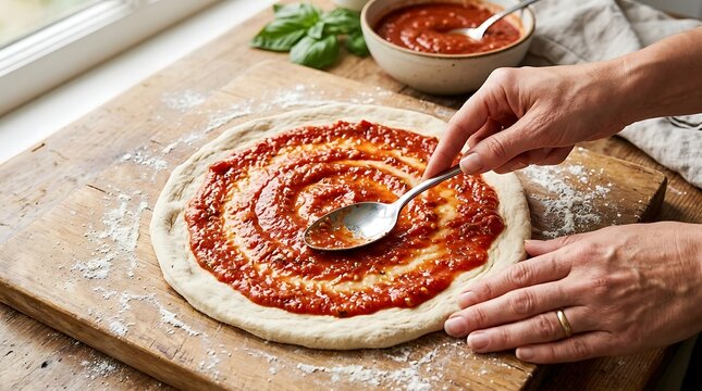Laying Down Tomato Sauce Base on Pizza Dough