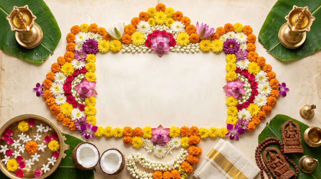 Onam, Pongal traditional Kerala harvest festival invitation flyer banner template with Nilavilakku, Pookalam flowers, Kasavu cloth and copy space illustration