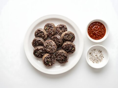 Sliced Korean sundae blood sausage with chili sauce and salt dipping, top view