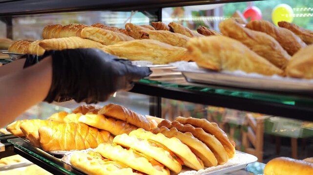 Lots of fried chebureks on the counter in the dining room or on the buffet. The concept of catering and takeaway food.