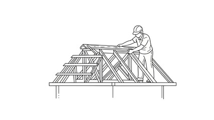 Obraz premium Line art illustration of a construction worker building a wooden roof frame on a residential house site.