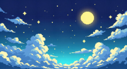 Naklejka premium Pixel Art Night Sky Background with Full Moon, Stars and Clouds, Retro 8-Bit Fantasy Landscape Illustration