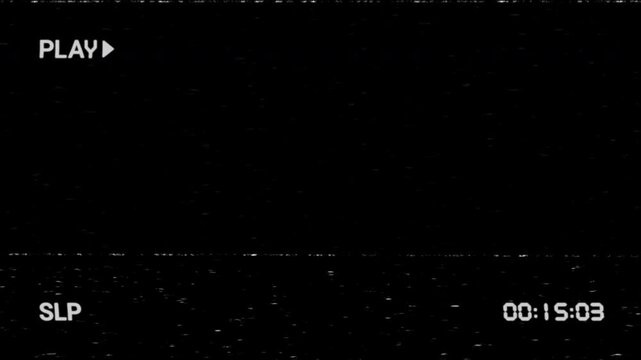 Retro VHS play overlay with SLP mode, timer, analog static noise, and tape distortion on black background