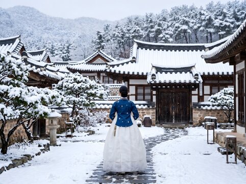 Woman in traditional Korean hanbok walking through snow-covered hanok village
