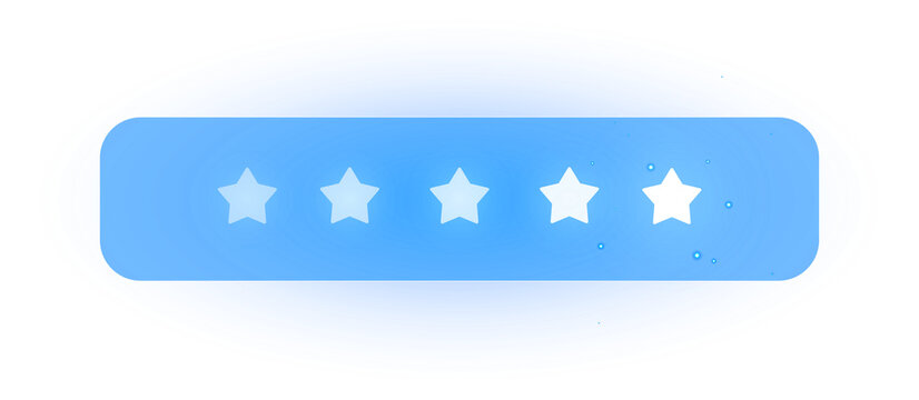 Five star rating review feedback blue button icon for quality satisfaction with user experience isolated on transparent background