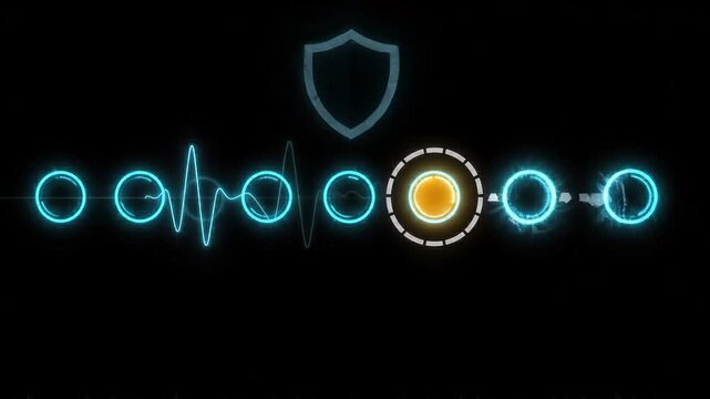 Futuristic HUD interface scanning data nodes with glowing shield icon