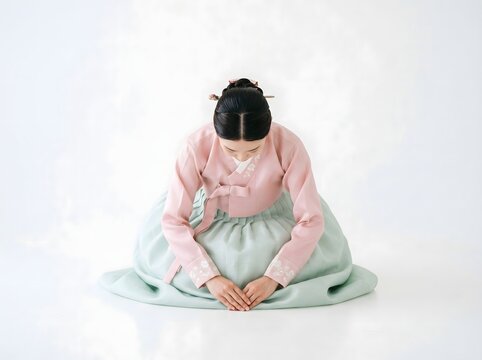 Korean woman in hanbok performing sebae bow, traditional New Year greeting