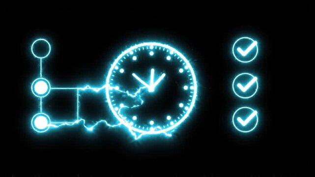 Neon blue clock graphic with checkmarks and business tasks