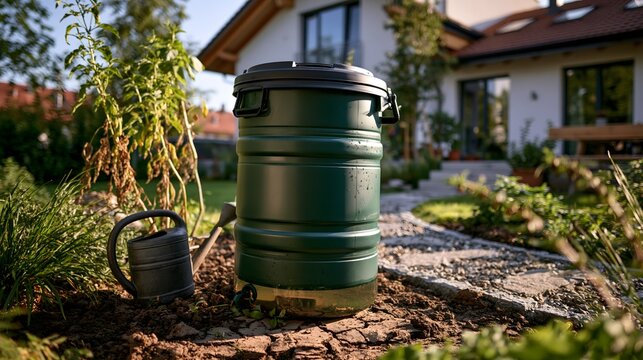Gr&uuml;ne Regentonne mit Giesskanne zur nachhaltigen Gartenbew&auml;sserung