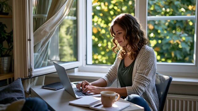 Frau arbeitet konzentriert am Laptop im gem&uuml;tlichen Homeoffice