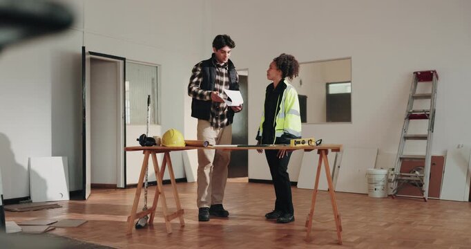 Site, blueprint or people handshake in construction for phase approval, renovation or compliance. Floor plan, foreman and inspector shaking hands for code correction, project clearance or remodeling
