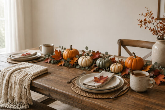Fall dining table place setting with pumpkins, maple leaves, knit throw blanket and ceramic cider mug, autumn concept
