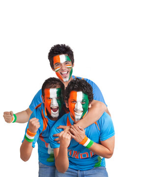 Excited male cricket supporters with cheering