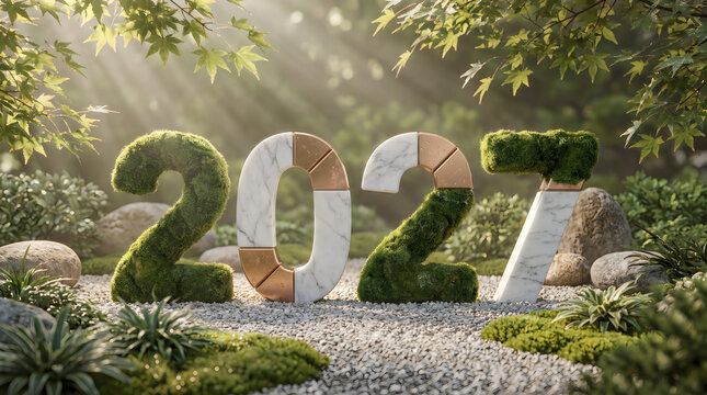 Three dimensional 2027 year numbers made of marble and green foliage in a peaceful zen garden setting