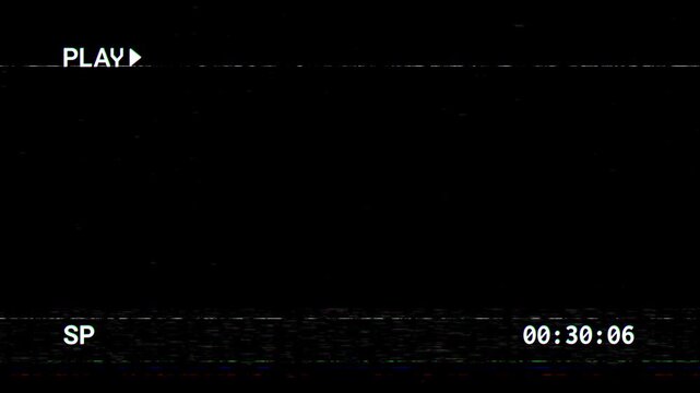 VHS play overlay with SP mode, RGB glitch, analog tape noise, and timer on black background