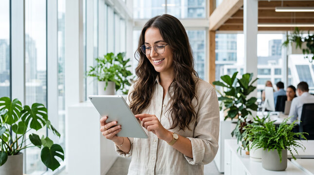 young businesswoman holding a tablet in the office. A beautiful young professional woman wearing round eyeglasses smiling while holding a tablet.