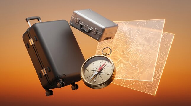 Travel planning concept with floating luggage, compass, and topographic map elements for global adventure.