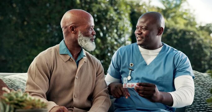 Black people, discussion and pills with container for medication, chat or dosage outdoor. Nurse, senior patient and prescription tablets for pharmaceuticals, supplement or treatment in backyard