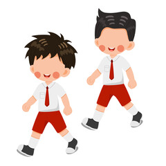 Fototapeta premium Two Happy Elementary School Boys in Uniform Walking