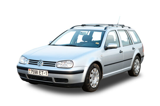 Silver Volkswagen Golf Variant (Mk4) isolated on white background.