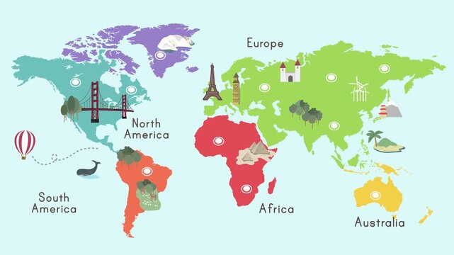 Colorful illustrated world map featuring landmarks and travel routes in this engaging animated motion video clip