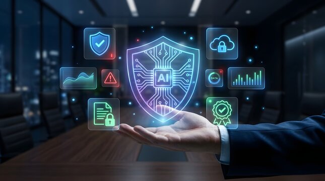 Businessman holding digital AI cybersecurity shield and data protection hologram