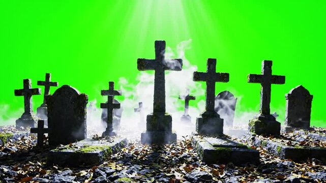 Spooky graveyard with crosses on a green screen background. Misty cemetery scene.