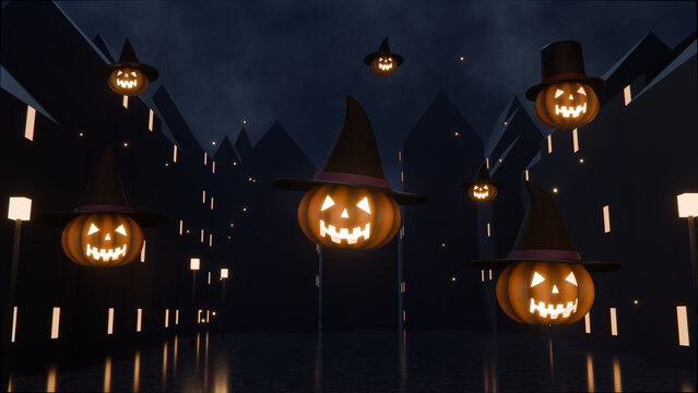 Glowing jack o lanterns in witch hats floating over a dark gothic town on Halloween night