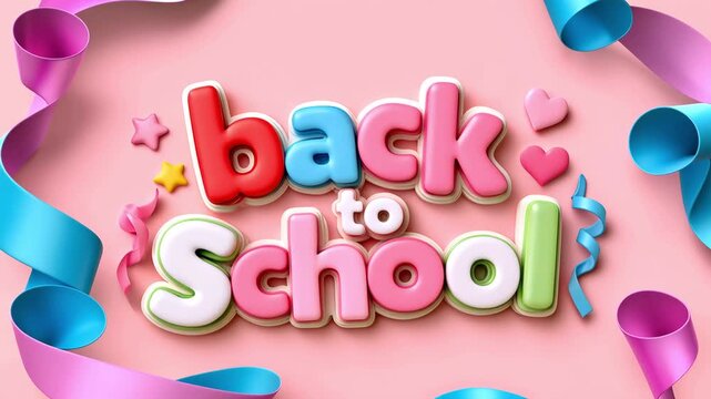 Colorful 3D "back to school" text animation on pink background with playful typography for education, classroom and learning concepts