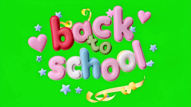 Colorful 3D "back to school" text animation on green screen background with chroma key overlay for education and classroom videos