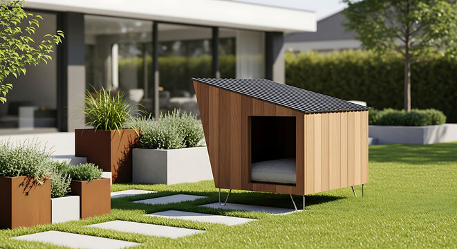Modern wooden pet shelter situated on lush backyard lawn near contemporary residential home patio