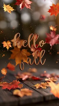 Hello Fall glowing autumn typography with colorful maple leaves, warm golden light and festive seasonal background