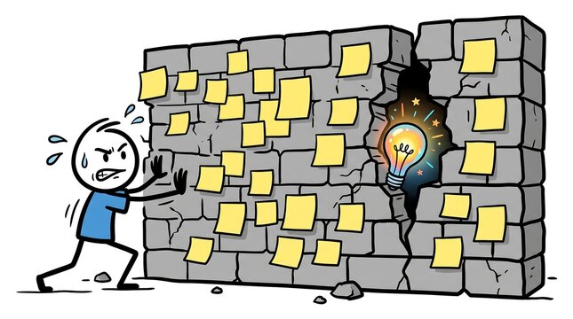 Cartoon stick figure pushing against a brick wall covered in yellow sticky notes, revealing a glowing light bulb through a crack, symbolizing problem-solving and breakthrough.