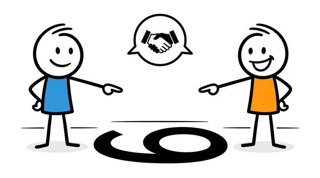 Two stick figures pointing at each other over a large number 6, with a handshake icon in a speech bubble above them, symbolizing agreement or partnership.