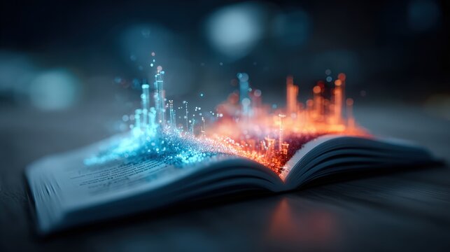 An open book emitting glowing particles of blue and orange light, symbolizing the dual nature of knowledge and innovation. ..Created with Generative AI, not depicting real subjects.