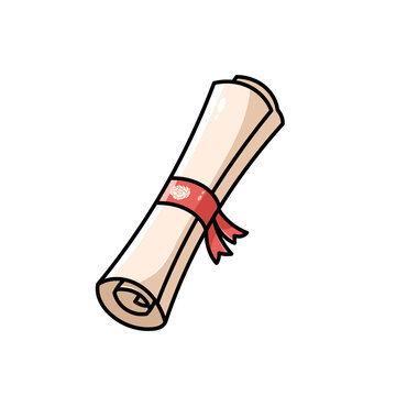 Cute diploma scroll with a red ribbon in flat cartoon style, soft gradients, bold black outline, isolated on transparent background. Perfect for graduation, education, certificates, stickers, and icon