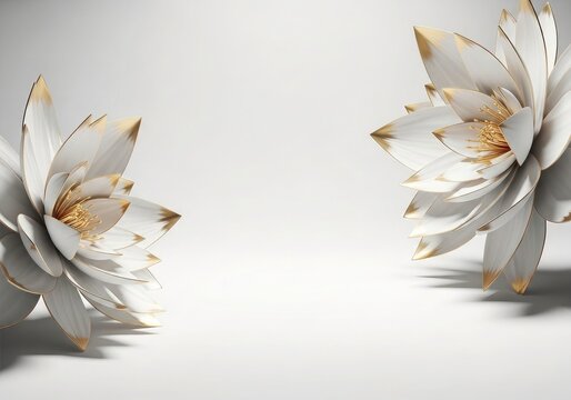 Two elegant white lotus flowers placed on the sides of a clean white background creating a minimalist frame for your creative design