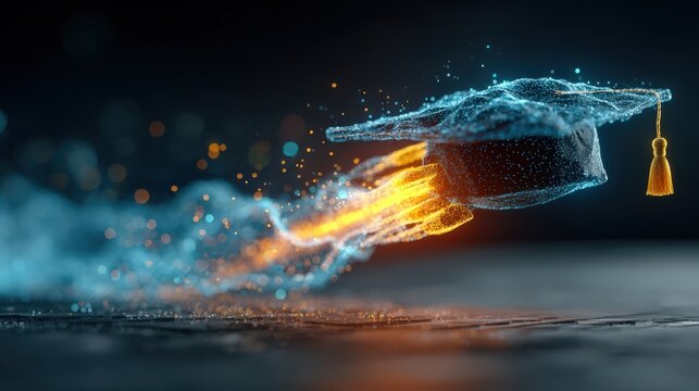 A graduation cap bursts into flames, symbolizing accelerated learning and a powerful educational journey through a digital cosmos. ..Created with Generative AI, not depicting real subjects.