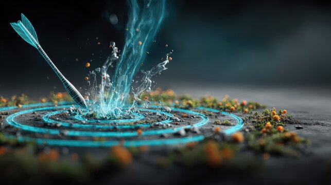 A dynamic digital illustration depicts an arrow hitting its mark on a glowing target, with a splash of bright blue liquid erupting around it. ..Created with Generative AI, not depicting real subjects.