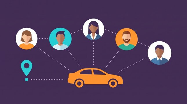 Ridesharing app illustration showing car connecting with diverse passengers and location pin, representing taxi service, transport sharing economy and mobile booking technology.
