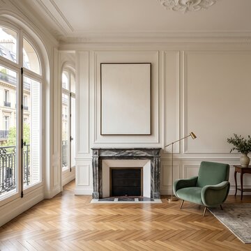 Elegant Parisian apartment interior with large arched windows, a marble fireplace, and a green velvet armchair on herringbone parquet flooring.