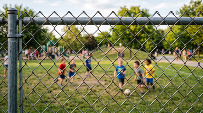 Group of children playing soccer on a park field behind a fence