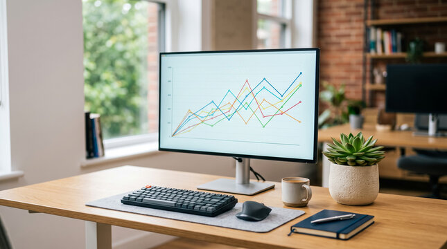 Computer monitor displaying financial growth charts in a modern office