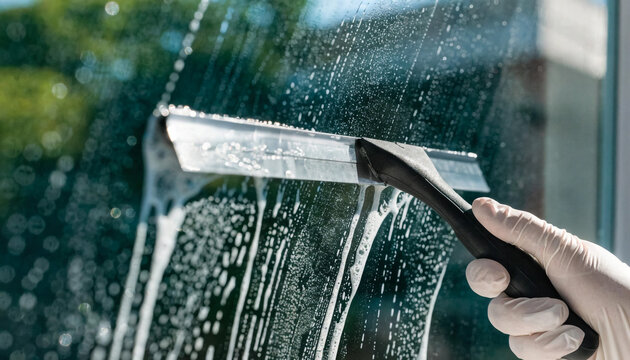Hand using a squeegee to clean a soapy glass window